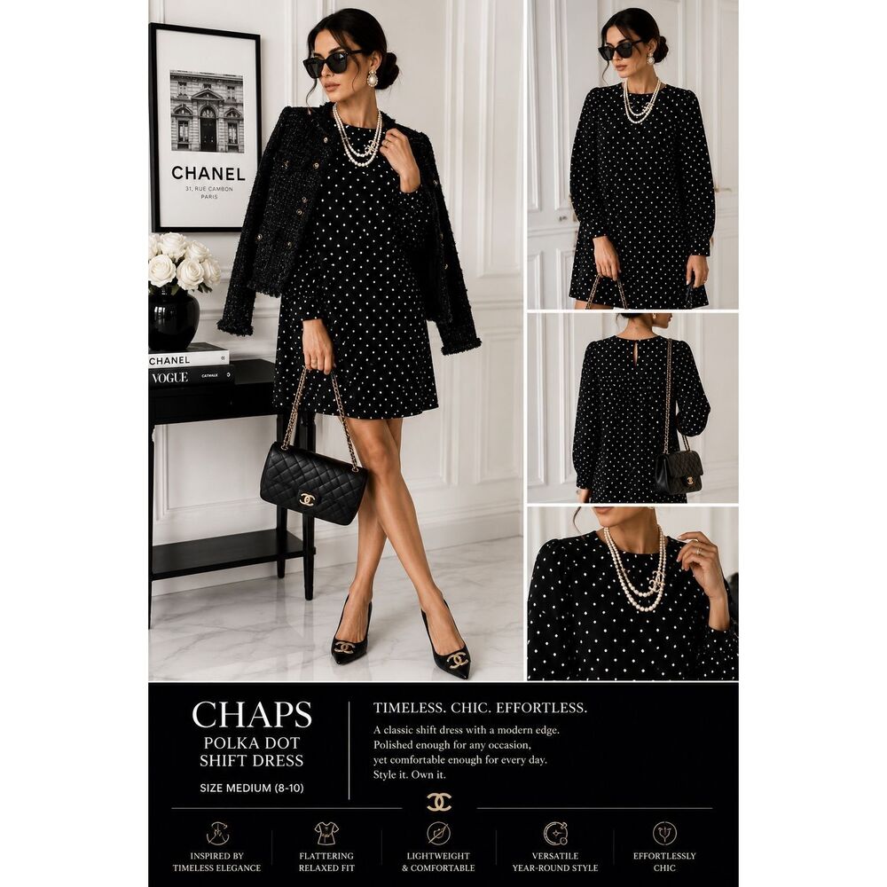 Chaps Polka Dot Shift Dress Medium Black White Long Sleeve Keyhole Back Chic
